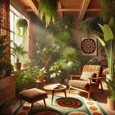 a living room filled with lots of plants and furniture