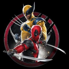 two deadpool characters in front of a black background with red and yellow stripes on the sides