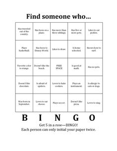 a printable game with the words, find someone who and how to use it