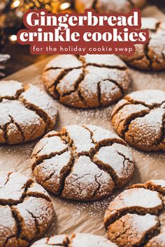 gingerbread crinkle cookies for the holiday cookie swap on a baking sheet with text overlay