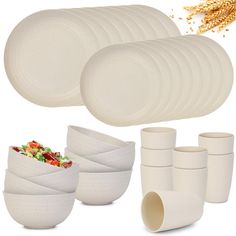 white dishes and cups are arranged on a white background with wheat sprinkles