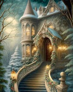 a painting of a staircase leading to a house with christmas decorations and lights on it