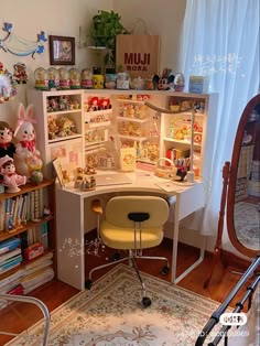 a room with a desk, shelves and stuffed animals on the wall next to it