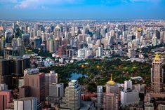 an aerial view of a large city with tall buildings and lots of trees in the foreground