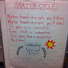 a white board with writing on it that has water cycle written in red and blue