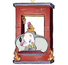 an elephant with a crown on its head sitting in front of a fire place