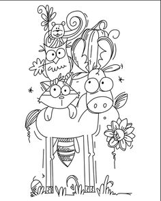 a horse with flowers and birds on its back, in the middle of a coloring page