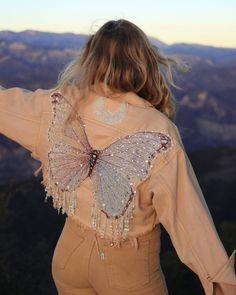 Moonbeam Denim Jacket - Size S - Ready to Ship – Wild & Free Jewelry Butterfly Jacket, Embellished Denim Jacket, Embellished Denim, Denim Color, Jacket Design, Colored Denim, How To Make Beads, Diy Fashion, Diy Clothes