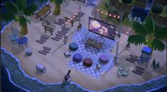 Acne Beach Ideas, Movie Area Animal Crossing, Acnh Beach Area Ideas, Acnh Beach Movie Theatre, Movie Area Acnh, Acnh Beach Entrance, Beach Area Acnh, Acnh Campsite Designs Beach