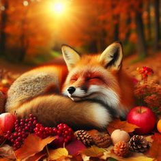 a fox sleeping on top of autumn leaves