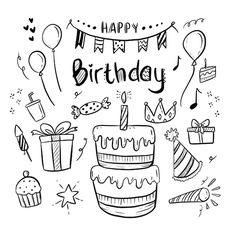 hand drawn birthday card with cake and presents on white background, black and white illustration