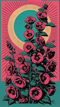 an image of flowers with the moon in the sky behind it and sunbeams above them