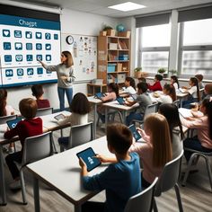 there are many children sitting at desks in front of the whiteboard and using their electronic devices