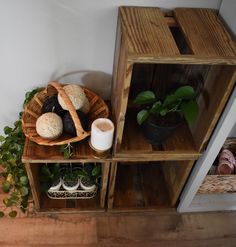 a shelf with some bread and other items on it next to a potted plant