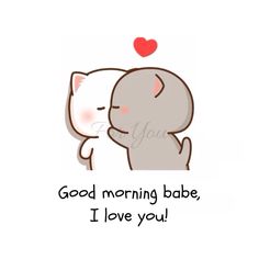 two cats hugging each other with the words good morning babe, i love you