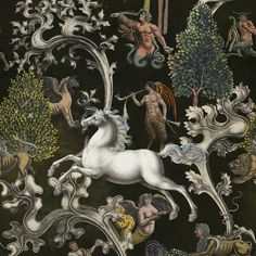 an artistic painting with horses and other animals