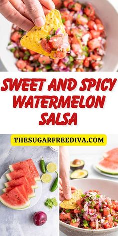 watermelon salsa in a white bowl with text overlay that reads, sweet and spicy watermelon salsa