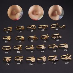 various types of nose rings and piercings on a black background with the measurements for each one