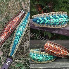 three pictures of different colored braided belts on the ground and one has a leather buckle