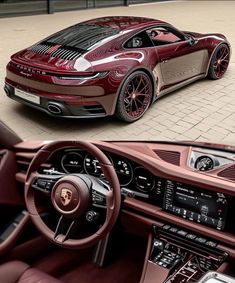 the inside and outside view of a red sports car