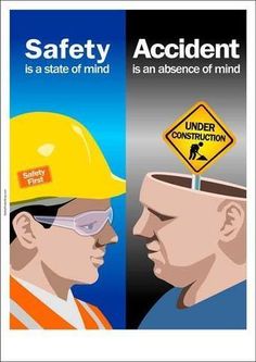 two men wearing hard hats and safety glasses are facing each other, with the words safety accident is a state of mind