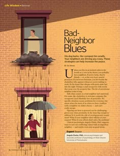 an advertisement for the bad neighbor blues featuring a man holding an umbrella over his head