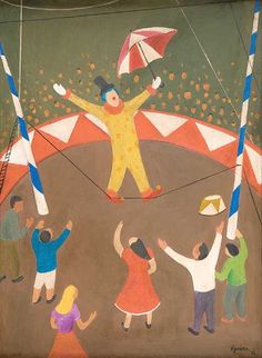 a painting of a circus scene with people on the ground and one person holding an umbrella