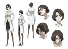 an anime character with glasses and a white coat, standing in front of several different poses