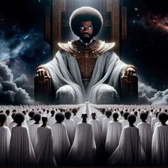 a man sitting on top of a throne surrounded by other men in white robes and space