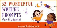 two children flying through the air with text reading 52 wonderful writing prompts for students