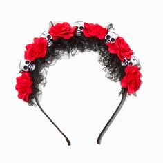 Claire's Red Flower & Skull Day of the Dead Headband Adjustable Red Headband Costume Accessory, Red Adjustable Headband Costume Accessory, Red Adjustable Costume Headband, Red Halloween Headband, Red Halloween Costume Headband, Adjustable Headband For Halloween Festival, Adjustable Halloween Festival Headband, Adjustable Red Headband For Festivals, Adjustable Novelty Festival Headband