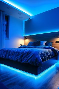 a bed with blue lights on the headboard and foot board in a room that is lit up