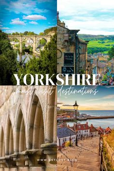 the yorkshire countryside with text overlaying york shire and an image of old buildings