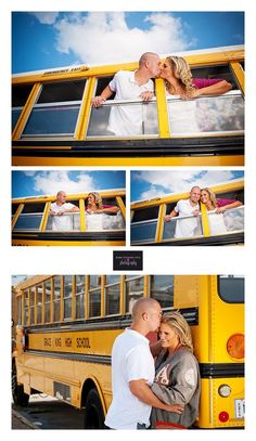 a man and woman kissing in front of a school bus