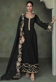 Embroidered Art Silk Abaya Style Suit in Black