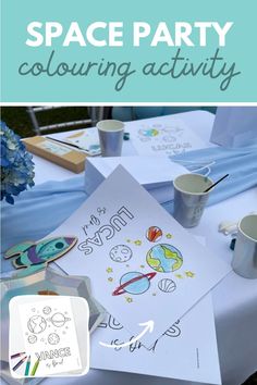 space party coloring activity for kids with free printables on the table and in cups