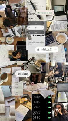 a collage of photos showing people working on their laptops and writing in notebooks