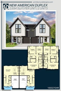 the new american duplex floor plan is shown in two different colors and features three bedroom,