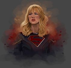 a painting of a woman with blonde hair wearing a superman suit and red lipstick on her lips