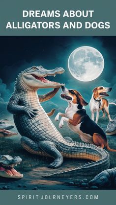 two dogs and a dog are in front of a full moon with the words, dreams about alligators and dogs