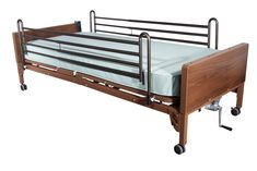 This lightweight, interchangeable and easily assembled electric bed (with full side rails and mattress) is the ultra-light plus model from Drive Medical. Its new universal style, crack proof head and foot boards are interchangeable, featuring high impact composite end panels. A height adjustment motor arrives pre-installed on the foot section but can still be either installed or removed tool free in seconds with the patient still in the bed. The unique single motor and junction box are self-cont Low Height Bed, Bed Side Rails, Side Bed, Bed End, Hospital Bed, Homestead Survival, Bed Rails, Full Size Bed, Full Bed