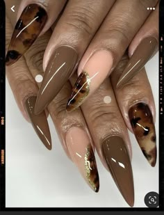 Brown Gold Acrylic Nails, Fall Tortoise Nails Design, Brown And Gold Acrylic Nails, Elegant Nails Brown, Brown Nude Nails Design, Scarlett Ibis, Aesthetic Brown Nails, Acrylic Nails Brown, Cheetah Fall Nails