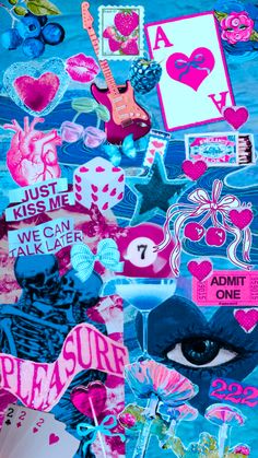 a collage of stickers and other items on a blue surface with water in the background