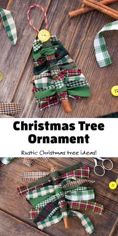 a christmas tree ornament made out of plaid fabric and wooden pegs on a table