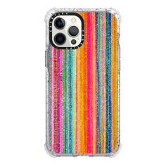 an iphone case with multicolored stripes and glitters on the bottom, in clear plastic