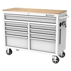 a white tool cabinet with drawers and wheels on the bottom shelf is shown against a white background