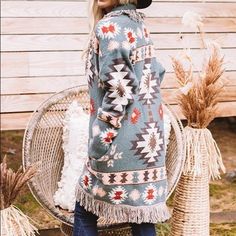 Just Restocked - 5 Star Bestseller! New Women's Aztec Cowichan Print Blanket Western Fringe Cardigan Sweater Coat. Open Front. Measurements In Comments. Very Very Well Made! Acrylic Blend Color: Sage Brand New With Tags! If You Love Free People, Johnny Was, Spell & The Gypsy Collective Or Anthroplogie - Check Out Our Closet! Fall Winter Native Cardigan Sweater Pendleton Westerley Cowichan Native American Aztec Print Ralph Lauren Style Cozy Sweaters Country Western Clothing Jacket Coat Christmas Native American Sweaters Cardigans, Native American Sweater, Bohemian Blue Sweater Coat For Winter, Bohemian Blue Winter Sweater Coat, Bohemian Long Sleeve Sweater Coat In Blue, Bohemian Long Sleeve Blue Sweater Coat, Bohemian Blue Long Sleeve Sweater Coat, Western Cardigan Sweater, Western Cardigan