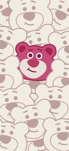 an image of a bear surrounded by many smaller ones in pink and white colors, with the face of a teddy bear peeking out from behind it's head