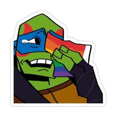 the teenaged ninja turtle sticker is holding up a rainbow flag and looking at it's face