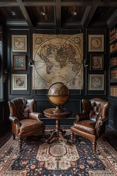 an old world map is mounted on the wall above two leather chairs in this library